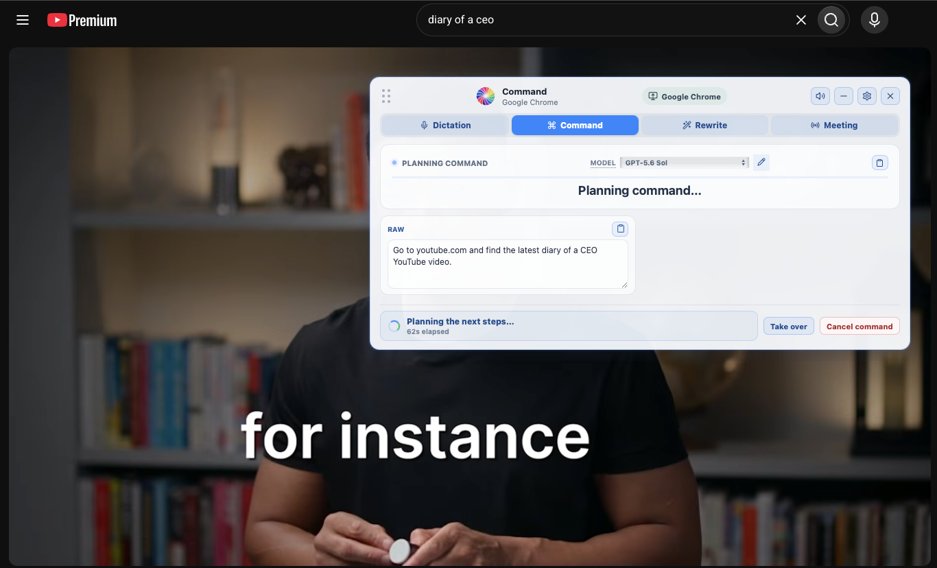 Quill Computer Use overlay floating over YouTube while planning a browser instruction