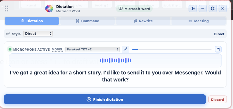 Compact Quill dictation overlay floating on top of Microsoft Word with the microphone active and a Finish dictation button