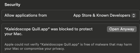 macOS Privacy and Security settings showing that Kaleidoscope Quill.app was blocked to protect your Mac, with the Open Anyway button.