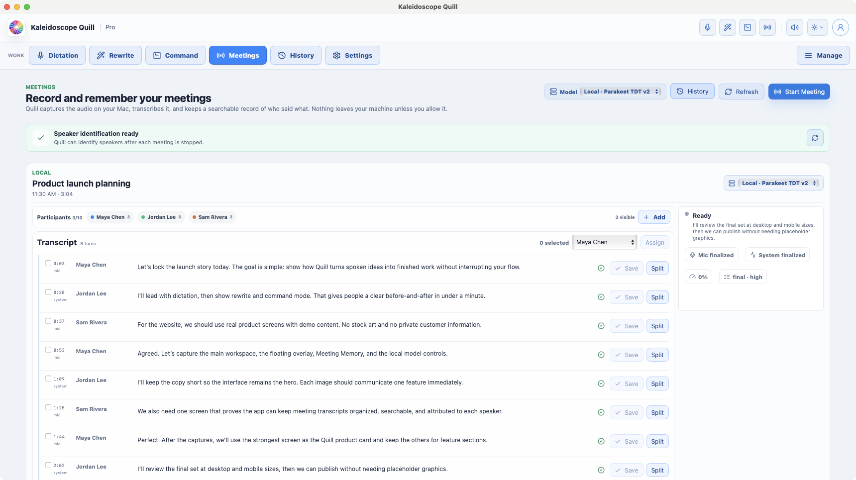 Quill Meetings workspace showing an attributed multi-speaker planning transcript and meeting controls