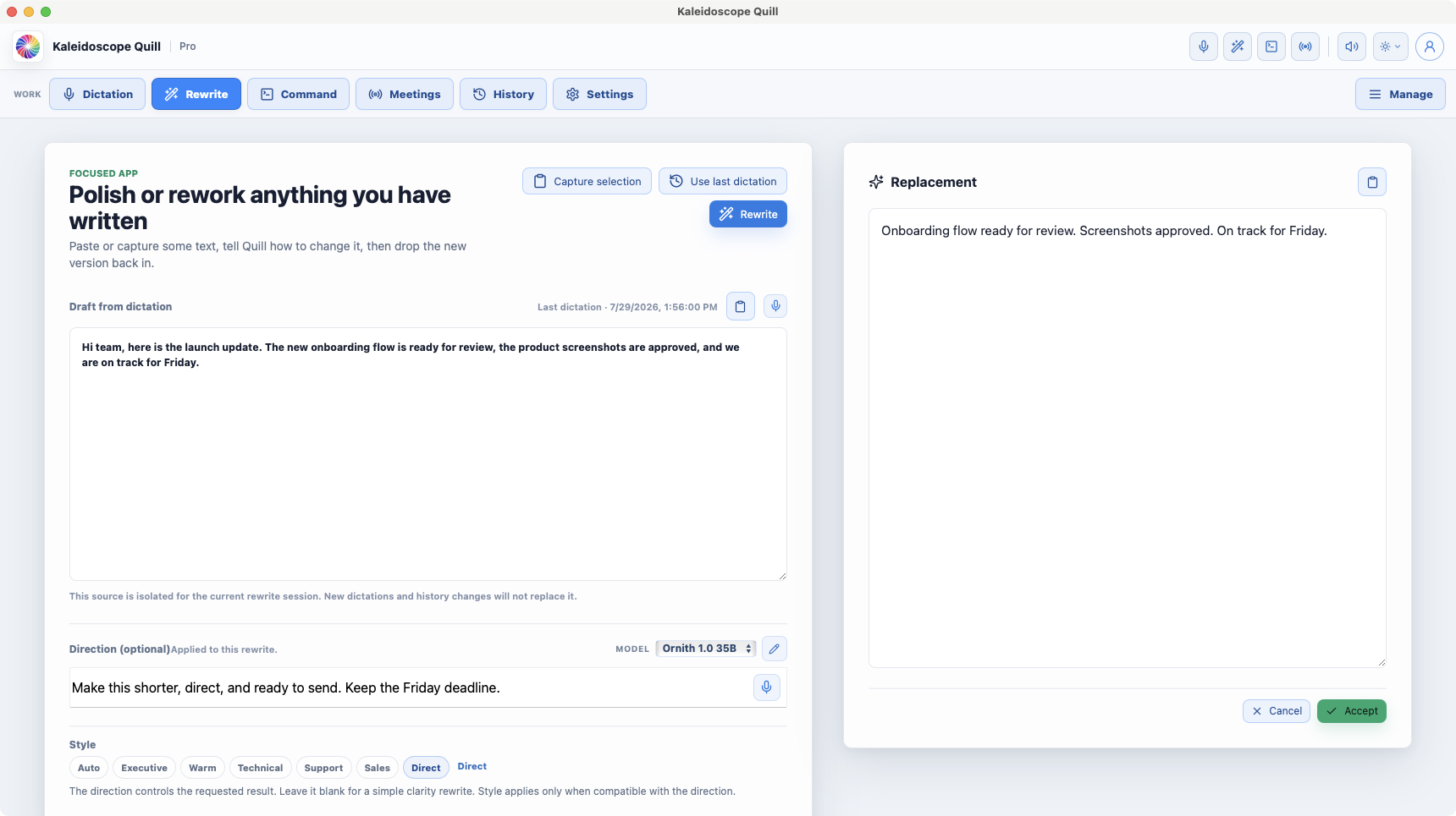 Quill Rewrite workspace with source text on the left, a concise replacement on the right, and direction and style controls
